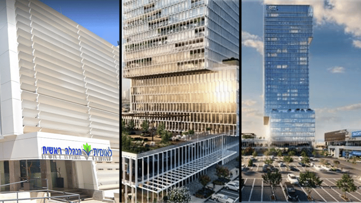 מימין: הדמיית מגדל G city בראשון לציון; משמאל: מטה קופת חולים לאומית שירותי בריאות בתל אביב