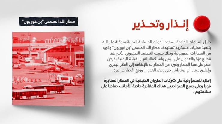 הודעה של החות'ים בדבר תקיפה קרובה בנתב"ג