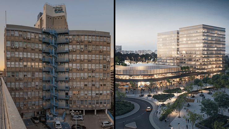 מימין: הדמיית פרויקט אוניקס בקריית אונו; משמאל: מטה חברת מקורות בתל אביב