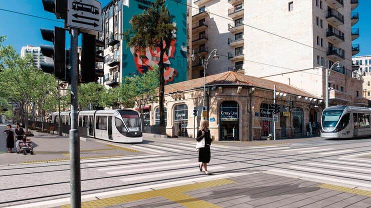 מפגש מסילות הרכבת הקלה יפו-קינג ג'ורג' (הדמיה: צוות תוכנית אב לתחבורה) מפגש מסילות הרכבת הקלה יפו-קינג ג'ורג'