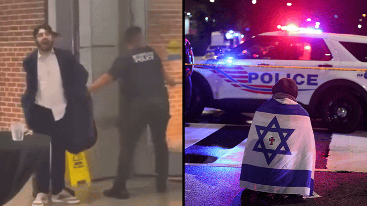 זירת הפיגוע בוושינגטון, והמחבל שרצח את ירון לישינסקי ושרה מילגרים (צילום: רויטרס/REUTERS/Jonathan Ernst, מתוך X) זירת הפיגוע בוושינגטון
