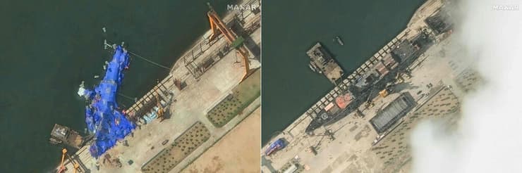 השוואת צילומים לפני התאונה (ב-18 במאי) ואחריה (23 במאי) (צילום: AFP PHOTO/ SATELLITE IMAGE ©2025 MAXAR TECHNOLOGIES) משחתת ספינת מלחמה צפון קוריאה שכוסתה בברזנט אחרי שקרסה בטקס השקתה צילום לוויין 23 במאי
