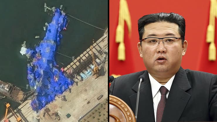 משחתת ספינת מלחמה צפון קוריאה שכוסתה בברזנט אחרי שקרסה בטקס השקתה צילום לוויין 23 במאי