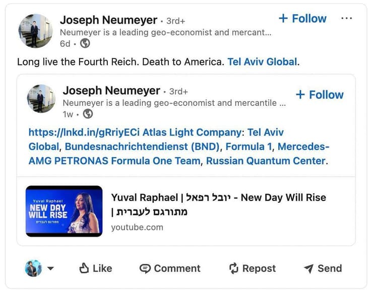 פוסט פייסבוק שפרסם ג'וזף נוימאייר, אזרח גרמני-אמריקני בן 28, גורש מישראל ונעצר בנמל התעופה JFK בניו יורק