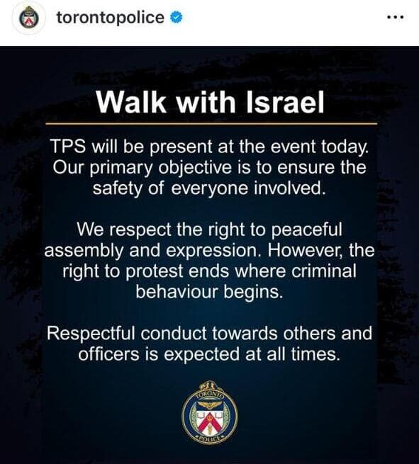 הודעת משטרת טורונטו הודעות של משטרת טורונטו בעקבות תהלוכות ישראל בקנדה