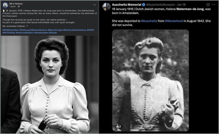 הלנה ווטרמן דה-יונג, שנרצחה באושוויץ ב-1942. המקור לעומת התמונה מהבינה המלאכותית