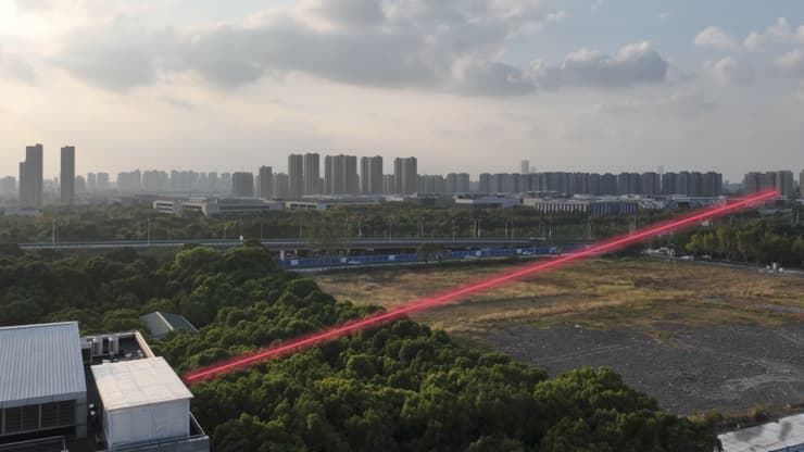 הניסוי: המערכת יורה את קרני הלייזר לעבר מטרה (מימין) בבניין מרוחק. האור המוחזר נקלט בשני טלסקופים