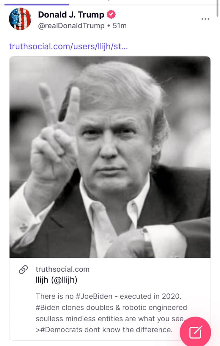 פוסט של נשיא ארה"ב טראמפ ברשת החברתית truth social ובו שיתף קונספירציה של משתמש אחר ובה נטען ש ביידן הוצא להורג