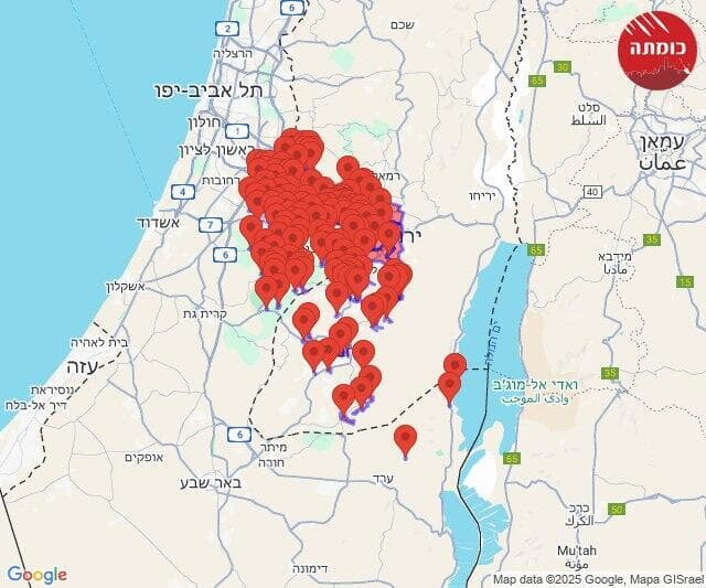 מפת האזעקות בעקבות שיגור הטיל מתימן (צילום: כומתה) מפת אזעקות צבע אדום לאחר שיגור טיל מתימן