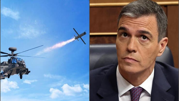 פדרו סאנצ'ס וטיל ספייק של רפאל (צילומים: Thomas Coex/AFP, רפאל) פדרו סאנצ'ס וטיל ספייק של רפאל