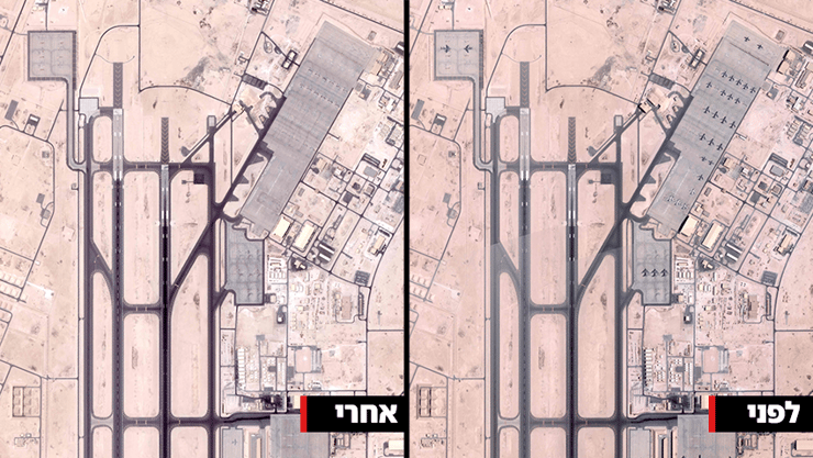 בסיס אל עודייד בקטאר, שהמטוסים בו פונו מבעוד מועד (צילום: Handout / PLANET LABS / AFP) בסיס אל עודייד של צבא ארה"ב בקטאר - לפני ואחרי הפינוי