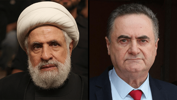 השר כ"ץ ומזכ"ל חיזבאללה קאסם (צילום: Menahem KAHANA / AFP, REUTERS/Mohamed Azakir) ישראל כץ נעים קאסם
