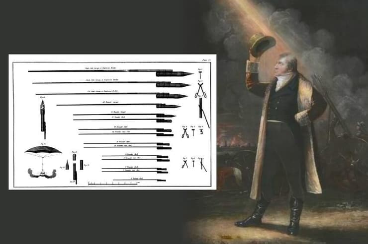 שכלל את הרקטות ההודיות. ויליאם קונגרב באיור של ג'יימס לונסדייל מ-1807, ושרטוט טכני שלו עם פרטים של כמה רקטות 