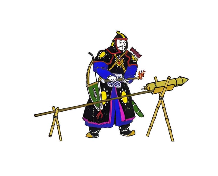 אפקט פסיכולוגי מרשים שהביא את הטכנולוגיה הסינית למערב. איור של לוחם סיני מצית "חץ אש" 