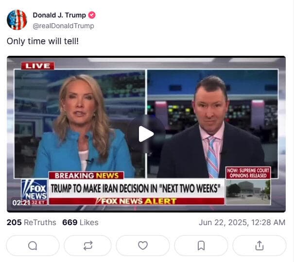 Tổng thống Hoa Kỳ Donald Trump giải quyết tối hậu thư mà ông đưa ra cho Iran trong một bài đăng trên Truth Network