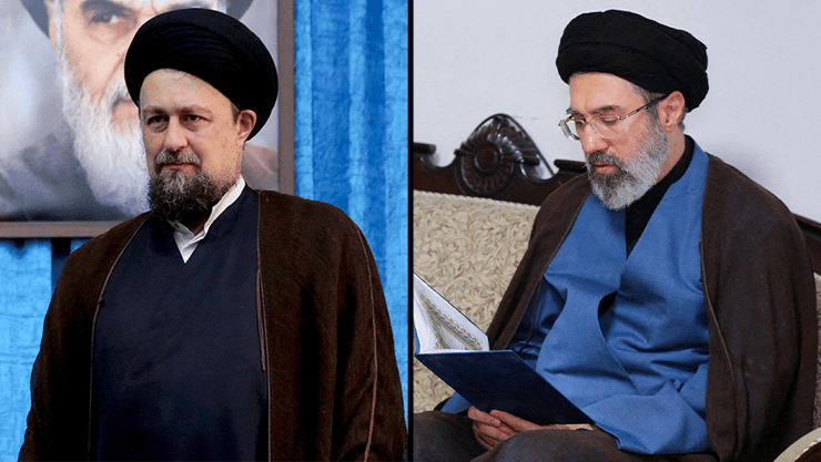 חצאים חסן חומייני נכדו של אייתוללה חומייני לצד עלי חמינאי מנהיג איראן, מוג'תבא חמינאי בנו של עלי חמינאי