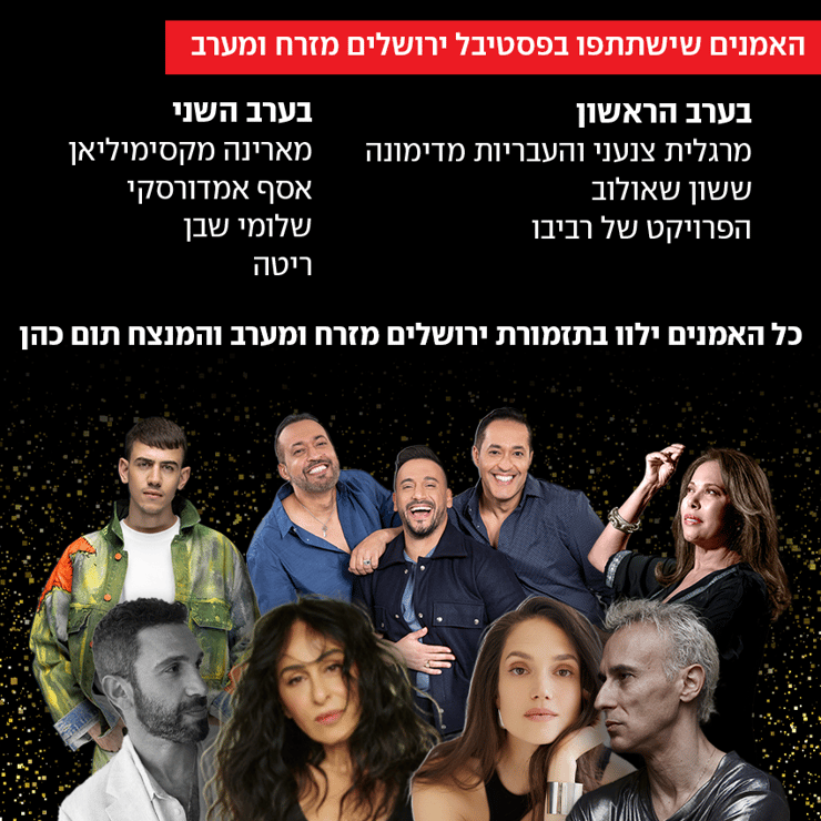 משתתפי פסטיבל ירושלים מזרח ומערב השנה (צילומים: גבריאל בהרליה, עדי ארוני, דניאל קמינסקי, ירדן רוקח, שי פרנקו) משתתפי פסטיבל ירושלים מזרח ומערב השנה