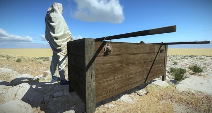 שיחזור גרפי: נשיאת הארון בעזרת "טבעות האריות" (איור: יעקב שמידוב, רשות העתיקות) 5. שיחזור גרפי: נשיאת הארון בעזרת "טבעות האריות"