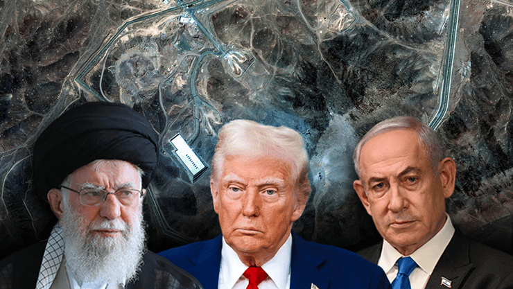 נתניהו, טראמפ וחמינאי וברקע האתר בפורדו. "המודיעין מאיראן כולל סתירות" (צילום: MAXAR TECHNOLOGIES/Handout via REUTERS , SATELLITE IMAGE ©2025 MAXAR TECHNOLOGIES / AFP) מתקן הגרעין בפורדו