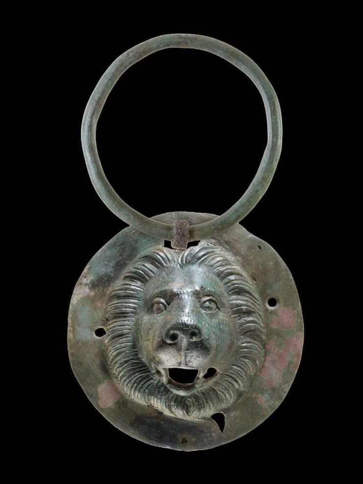 ראש אריה עם ידית טבעת שחוברה לראש הלוחית (צילום: דפנה גזית, רשות העתיקות) 1. ראש אריה עם ידית טבעת שחוברה לראש הלוחית
