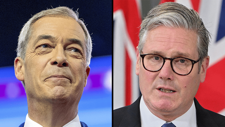 ראש ממשלת בריטניה קיר סטרמר מנהיג מפלגת הרפורמה נייג'ל פרג' פראג'