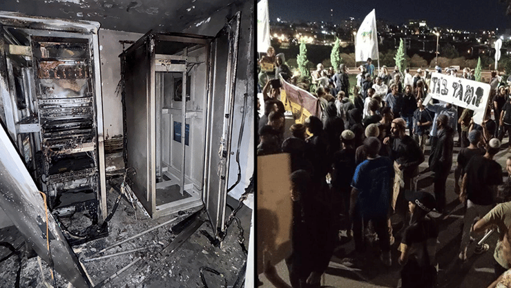 הפרעות הלילה בבנימין (צילום: דובר צה"ל) פעילי ימין מול בסיס חטמ"ר בנימין עם שלט "המג"ד בוגד", הפרעות הלילה בחטמ"ר בנימין