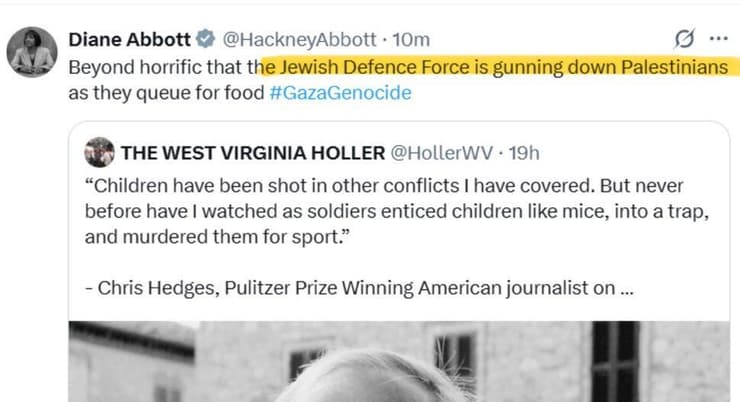 ציוץ של דיאן אבוט מחוקקת מ הלייבור ב בריטניה שנמחק ובו תיארה את צה"ל כ "צבא ההגנה היהודי"