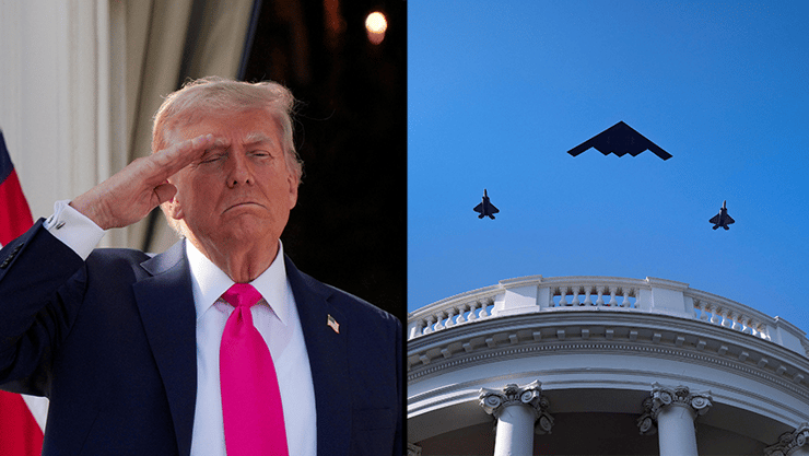 המטס עם מפציץ B-2 מעל הבית הלבן, וטראמפ שהצדיע (צילום: REUTERS/Ken Cedeno, Brendan Smialowski / AFP) חצאים מטס של מטוסי קרב עם מפציץ B-2 מעל הבית הלבן וושינגטון ב חגיגות 4 ביולי ארה"ב, טראמפ בטקס בבית הלבן שבו חתם על חוק תקציבי חדש בחגיגות עצמאות ארה"ב 4 ביולי