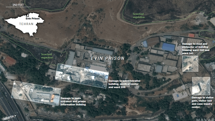 תמונת לוויין של אזורי התקיפה בכלא אווין