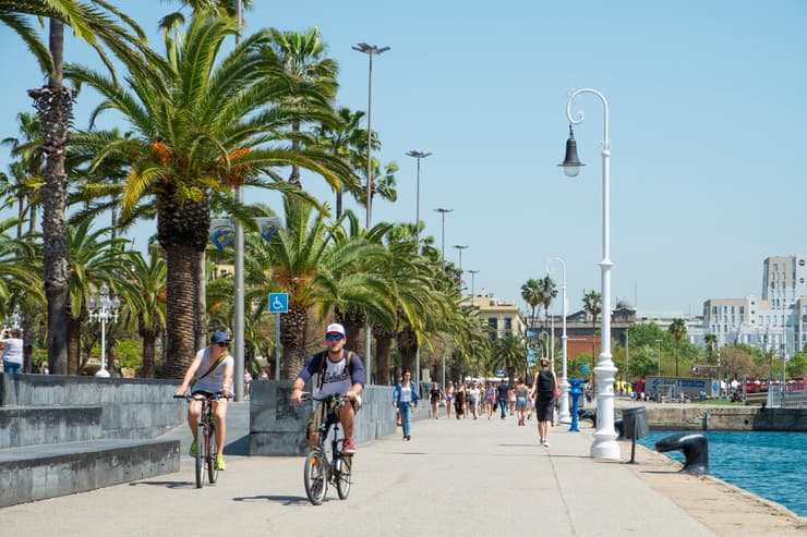 רוכבי אופניים בנמל בברצלונה