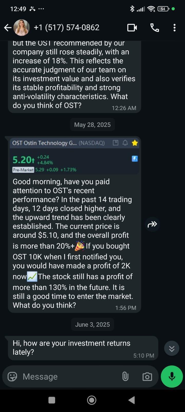 שיחת וואטסאפ עם נוכלת הממליצה על רכישה של מניות