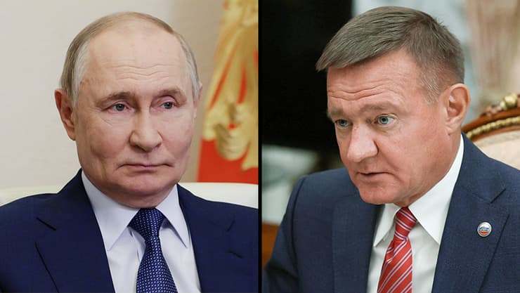 פוטין והשר המפוטר שנמצא מת. התיאוריות ברוסיה: הופלל במעילה בכספים או הואשם בכישלון מול הכטב"מים (צילום: Sputnik/Gavriil Grigorov/Pool via REUTERS, Gavriil Grigorov, Sputnik, Kremlin Pool Photo via AP ) רוסיה שר תחבורה מפוטר רומן סטרובויט התאבד