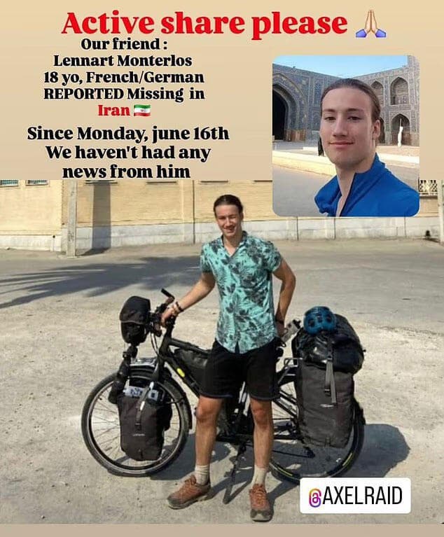 מונטרלו והאופניים. התכוון לסיים את המסע ולהירשם ללימודים צרפת רוכב אופניים לנאר מונטרלו בן 18 נעלם חשד ש נעצר ב איראן