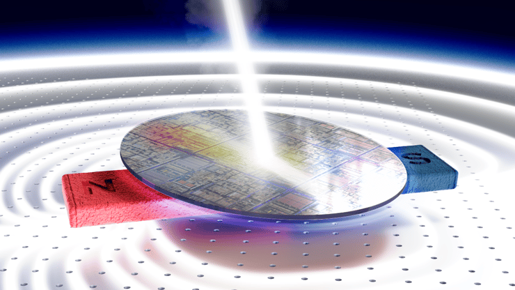 איור סכמטי של מדידת אפקט הול האופטי במתכות באמצעות לייזר בלבד: קרן הלייזר פוגעת במשטח מתכתי המונח בתוך שדה מגנטי (N/S), ומחזירה אות זעיר המעיד על עיוות בכיוון תנועת האלקטרונים – עדות לאפקט הול האופטי. השיטה אינה דורשת מגע עם החומר ומאפשרת מדידות מדויקות של תופעות קוונטיות במתכות רגילות כמו זהב ונחושת