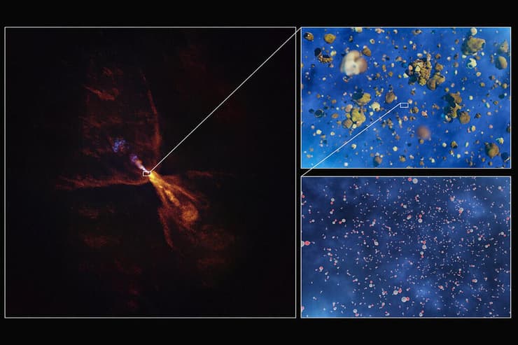 צילומים של סילוני גז סיליקון חד-חמצני סביב הכוכב הצעיר HOPS-315, שהופקו בעזרת מדידות של טלסקופ ALMA. מימין: הדמיה בעיני אמן של התגבשות הסיליקון לגושים מוצקים שמתפתחים לכוכבי הלכת 