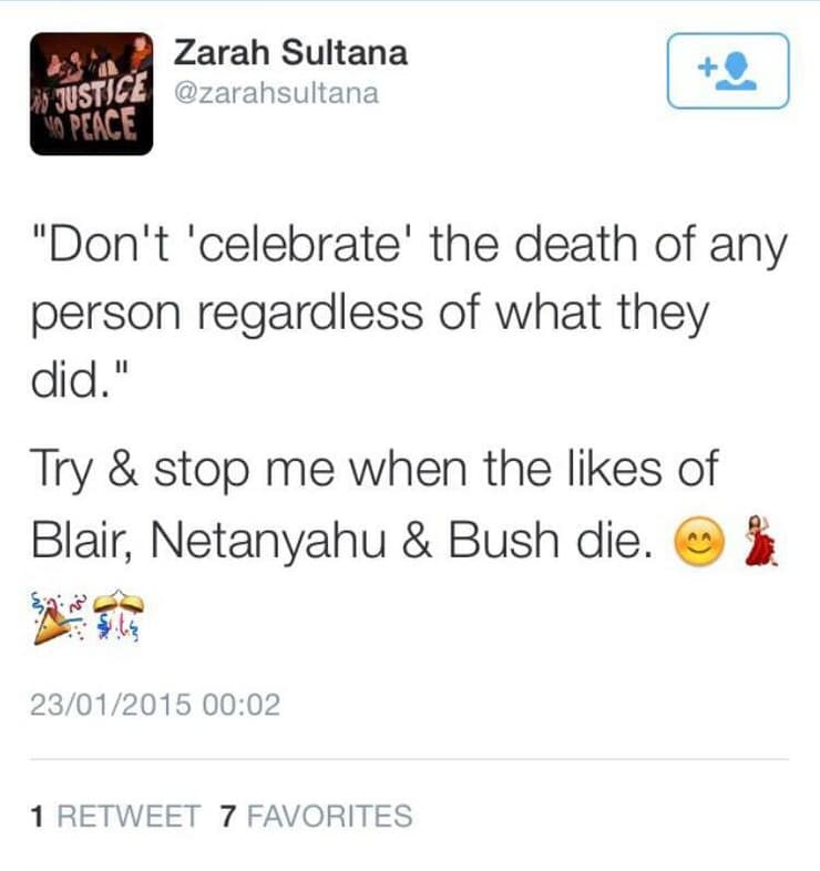 ציוץ מ-2015 של זארה סולטאנה מחוקקת מ בריטניה שבו הבטיחה לחגוג אם נתניהו ימות