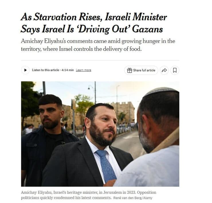 דיווח ב ניו יורק טיימס על דברי השר עמיחי אליהו שקרא למחוק את עזה
