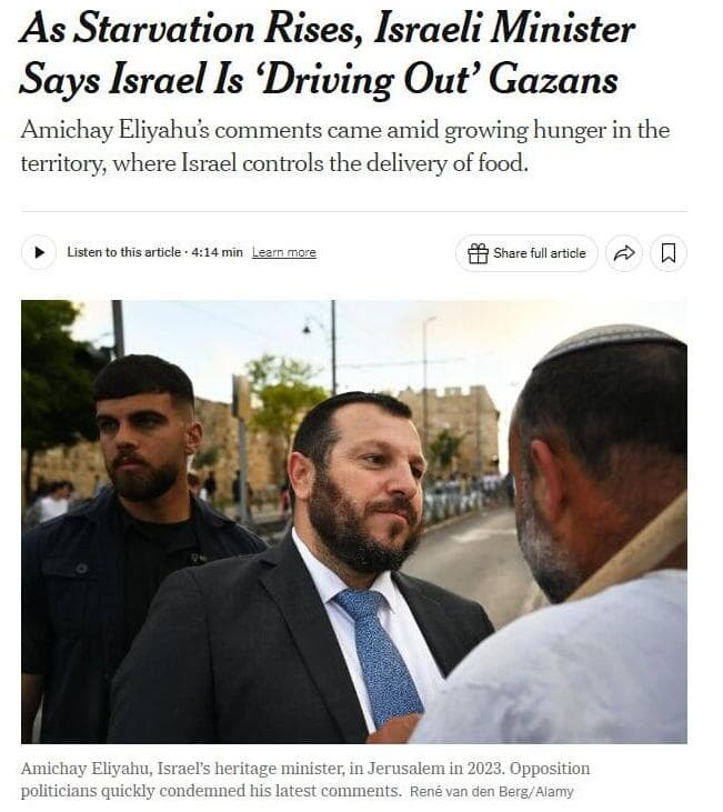 דיווח ב ניו יורק טיימס על דברי השר עמיחי אליהו שקרא למחוק את עזה