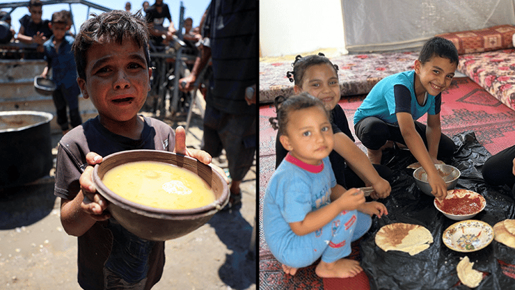 ילדים אוכלים ומחייכים: התמונות שישראל מהדהדת - לעומת התמונות בעולם (למטה) (צילום: REUTERS/Dawoud Abu Alkas ) תמונות שפורסמו ע״י המטבח המרכזי העולמי (WCK) אודות פתיחת המטבחים המקומיים ברצועת עזה, תור ל מזון בעיר עזה בצל טענות למשבר רעב תת-תזונה ברצועה