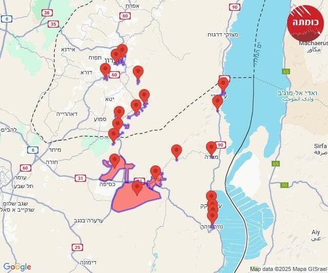 מפת האזעקות בעקבות הירי מתימן מפה ישובים שנשמעו אזעקות מהירי מתימן