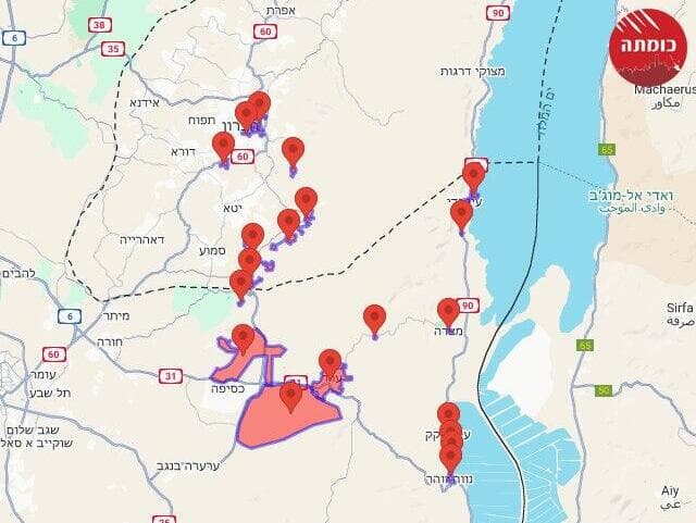 מפה ישובים שנשמעו אזעקות מהירי מתימן