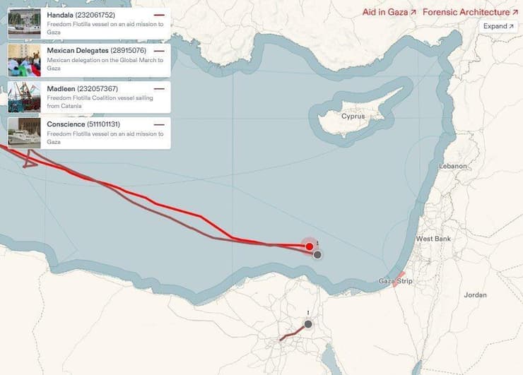 באדום: מסלול משט "חנדלה" מאיטליה לעזה (צילום: מתוך X) מסלול משט "חנדלה" מאיטליה לעזה