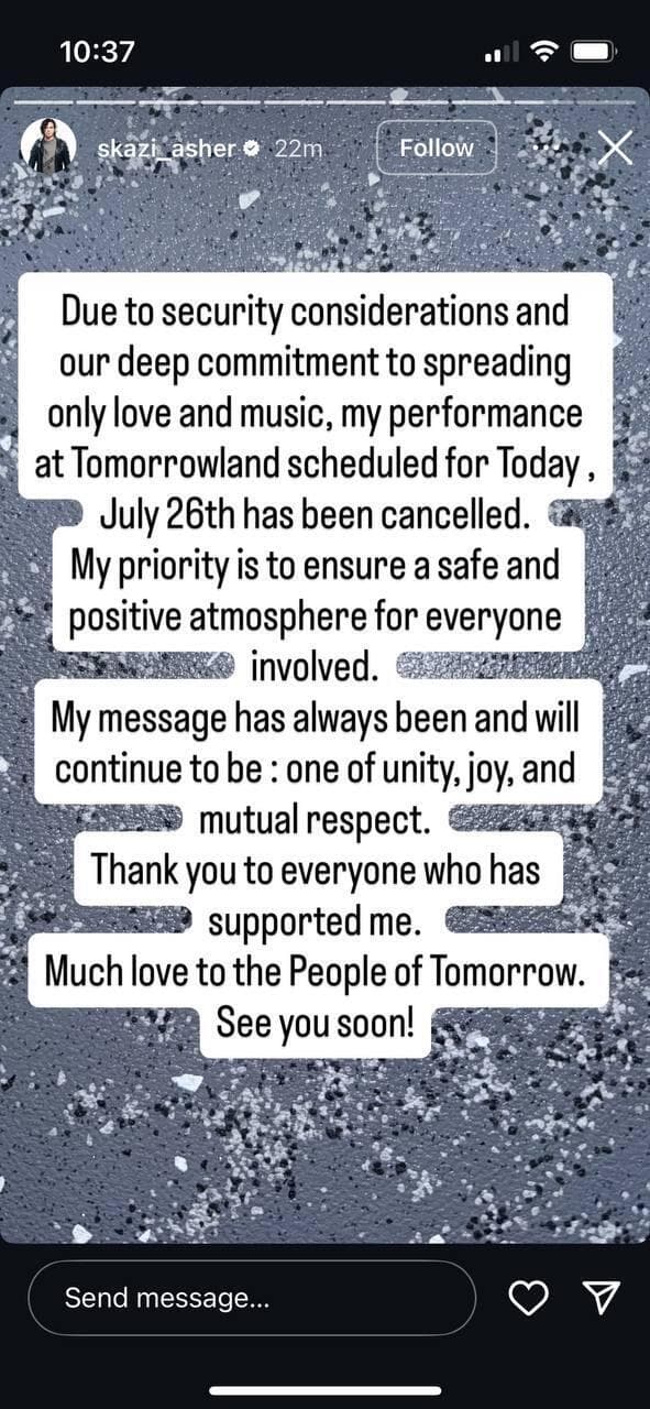 הודעת סקאזי על ביטול ההופעה בטומורולנד 2025