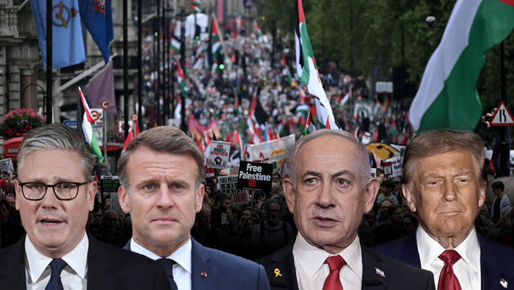 הפגנת נגד ישראל לונדון, טראמפ, נתניהו, מקרון, סטרמר 