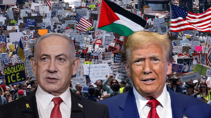 טראמפ וביבי על רקע הפגנה מפגינים עם דגל פלסטין פרו-פלסטינים נגד טראמפ ב ניו יורק ארה"ב 19 באפריל