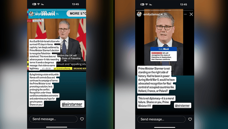 הסטורי שפרסמה דמארי תגובת אמילי דמארי להחלטת אנגליה להכיר במדינה פלסטינית