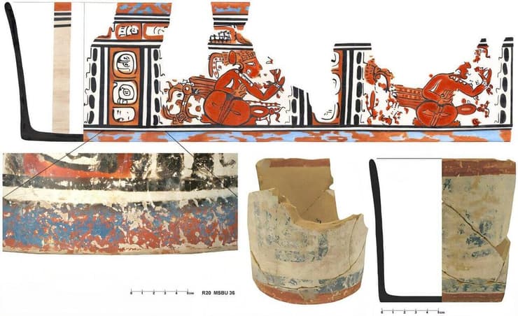 כלי חרס שהתגלו בליז, מעוטרים בפיגמנט כחול מאיה (צילום: Jennifer Taschek in Ancient Mesoamerica (2025). DOI: 10.1017/S0956536125000082) כלי חרס שהתגלו בליז, מעוטרים בפיגמנט כחול מאיה