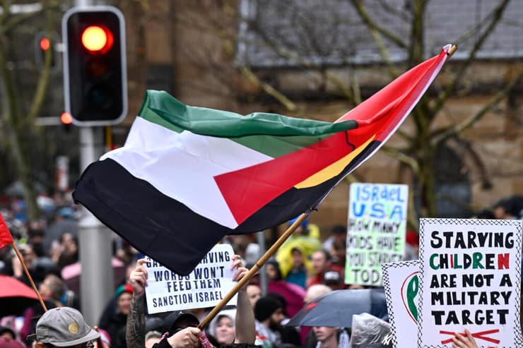 דגל פלסטין בהפגנת ענק נגד ישראל בסידני בשבוע שעבר (צילום: Izhar Khan/Getty Images) אוסטרליה סידני הפגנת ענק נגד ישראל פרו פלסטינים