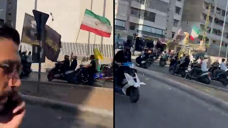 תומכי חיזבאללה נוסעים עם דגל איראן במפגן כוח בדאחייה של ביירות השבוע, בזמן הדיון בממשלה על פירוק הארגון מנשק תומכי חיזבאללה עם דגלי איראן ב דאחייה ביירות לבנון במהלך דיון בממשלה על פירוק הארגון מנשק