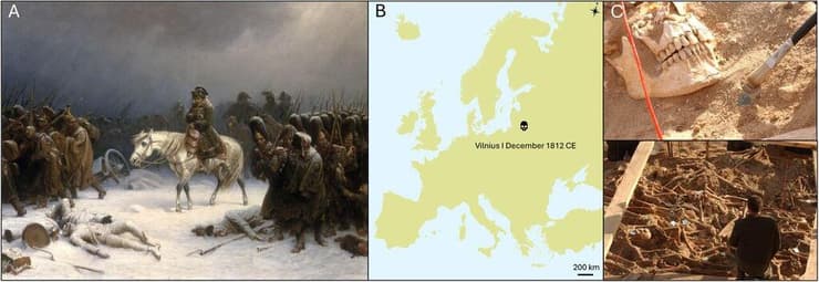 משמאל לימין: נסיגת נפוליאון מרוסיה, מיקום של אתר בו נקברו חלק משרידי הלוחמים ותיעוד של השרידים בשטח